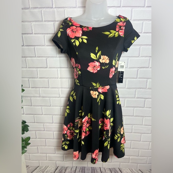 TRIXXI Black and Pink Fit and Flare Mini Dress with Bateau Neckline/size S - Picture 1 of 14